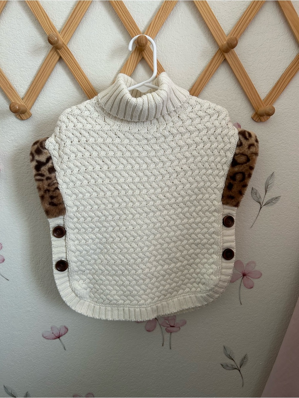 Aspen Rise Cream Cable Knit Turtleneck Poncho with Leopard-Trim Sleeves